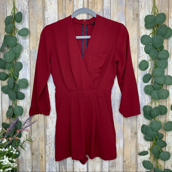 Topshop Pants - TopShop Wine Wrap Front 3/4 Sleeve Romper